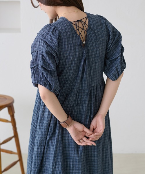 【apres jour clair】蕾絲綁帶格紋連身裙